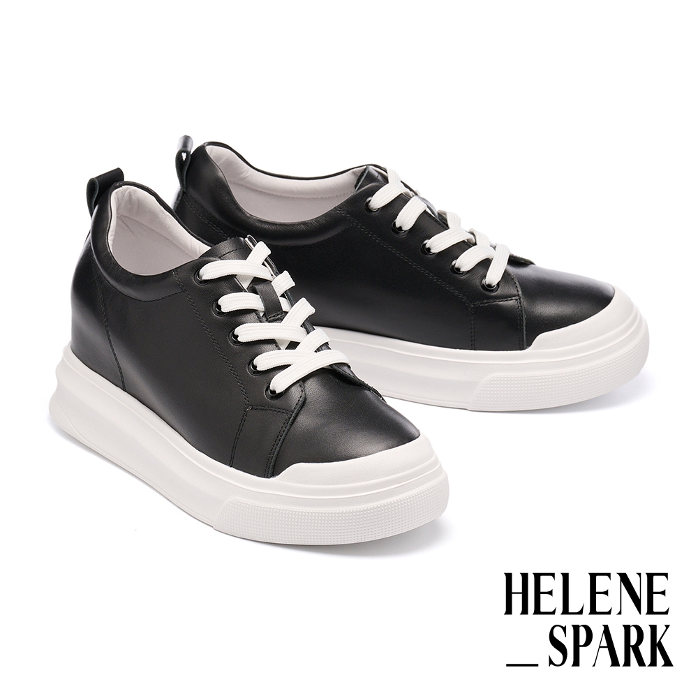 休閒鞋 HELENE_SPARK 簡約率性純色全真皮綁帶厚底休閒鞋－黑