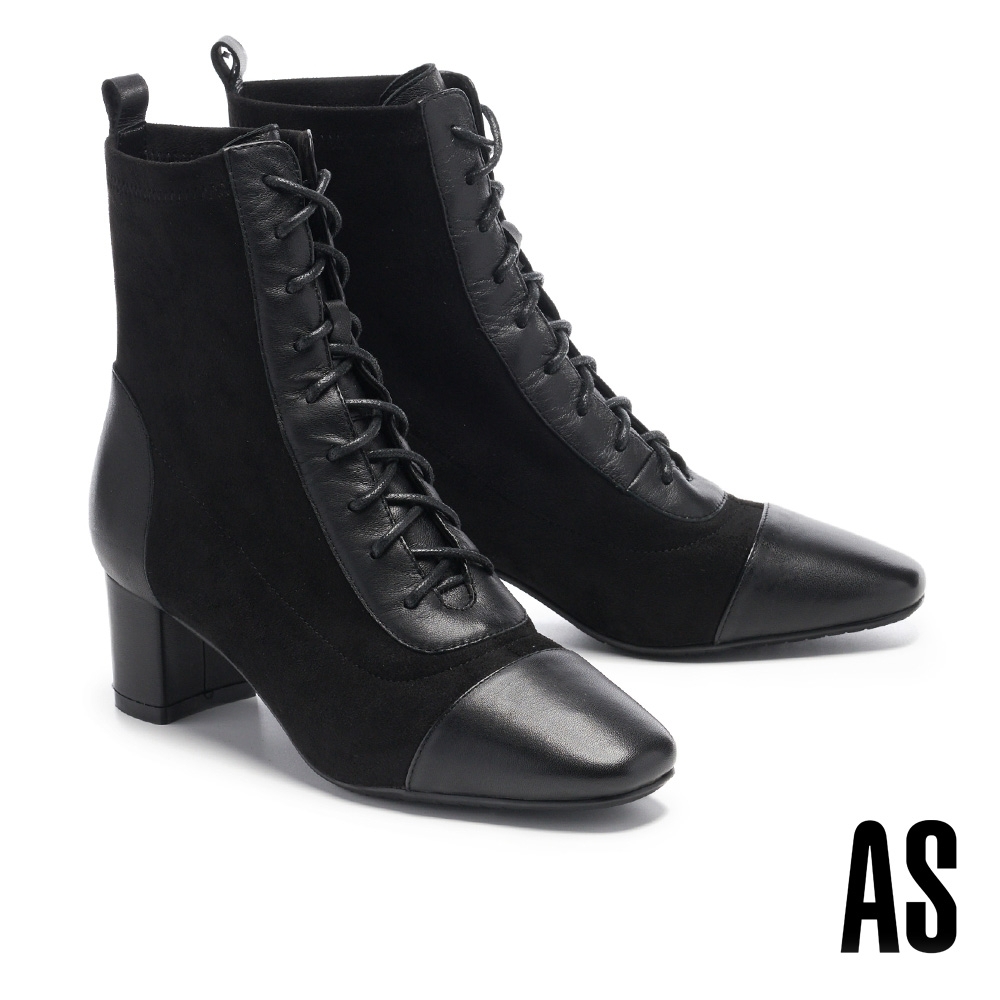 短靴 AS 復古方楦異材質拼接綁帶造型高跟短靴－黑