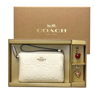 COACH 浮水壓紋LOGO雙吊飾手拿包禮盒組 白色