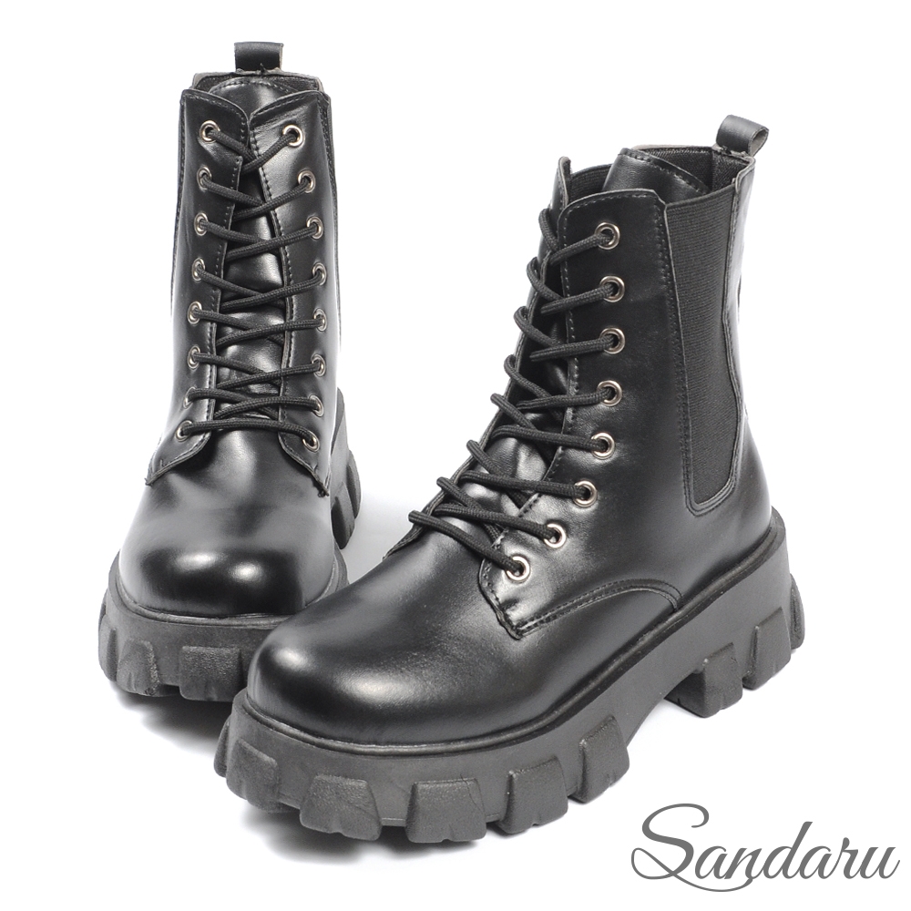 (時尚美靴)山打努SANDARU-短靴 韓系拼接鋸齒厚底切爾西靴-黑