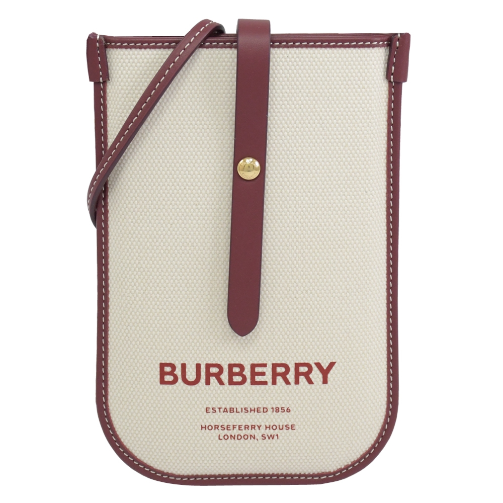 BURBERRY Anne 燙印品牌LOGO斜背釦式手機包(米/酒紅) | 歐系精品包/配件| Yahoo奇摩購物中心