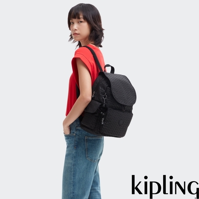 『猴子包』Kipling 經典黑菱格紋印花拉鍊掀蓋後背包-CITY PACK