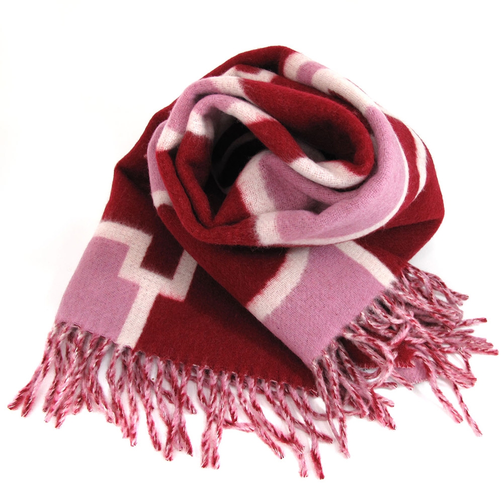 COACH 大字LOGO櫻桃紅色雙面羊毛流蘇圍巾(183cm x 49cm)