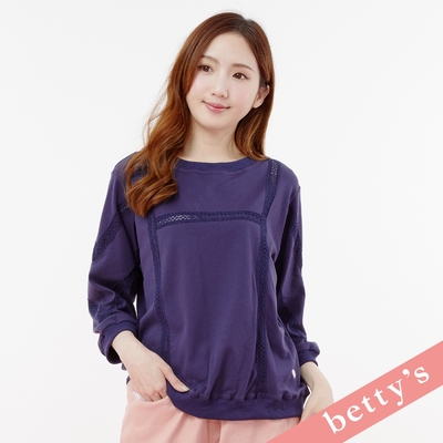 betty’s貝蒂思 鏤空蕾絲拼接優雅長袖T-shirt(深藍)