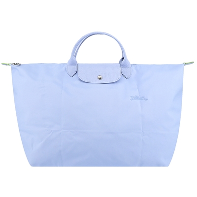 longchamp le pliage green系列刺繡短把再生尼龍摺疊旅行袋(小/天澄)