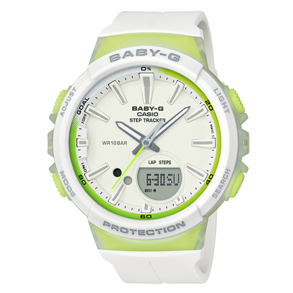 BABY-G 熱愛運動女性配備計步設計閒錶(BGS-100-7A2)綠秒針X白42.6mm