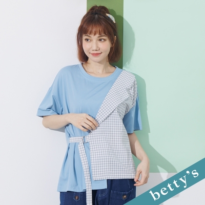 betty’s貝蒂思 格紋拼接綁帶寬版上衣(藍色)