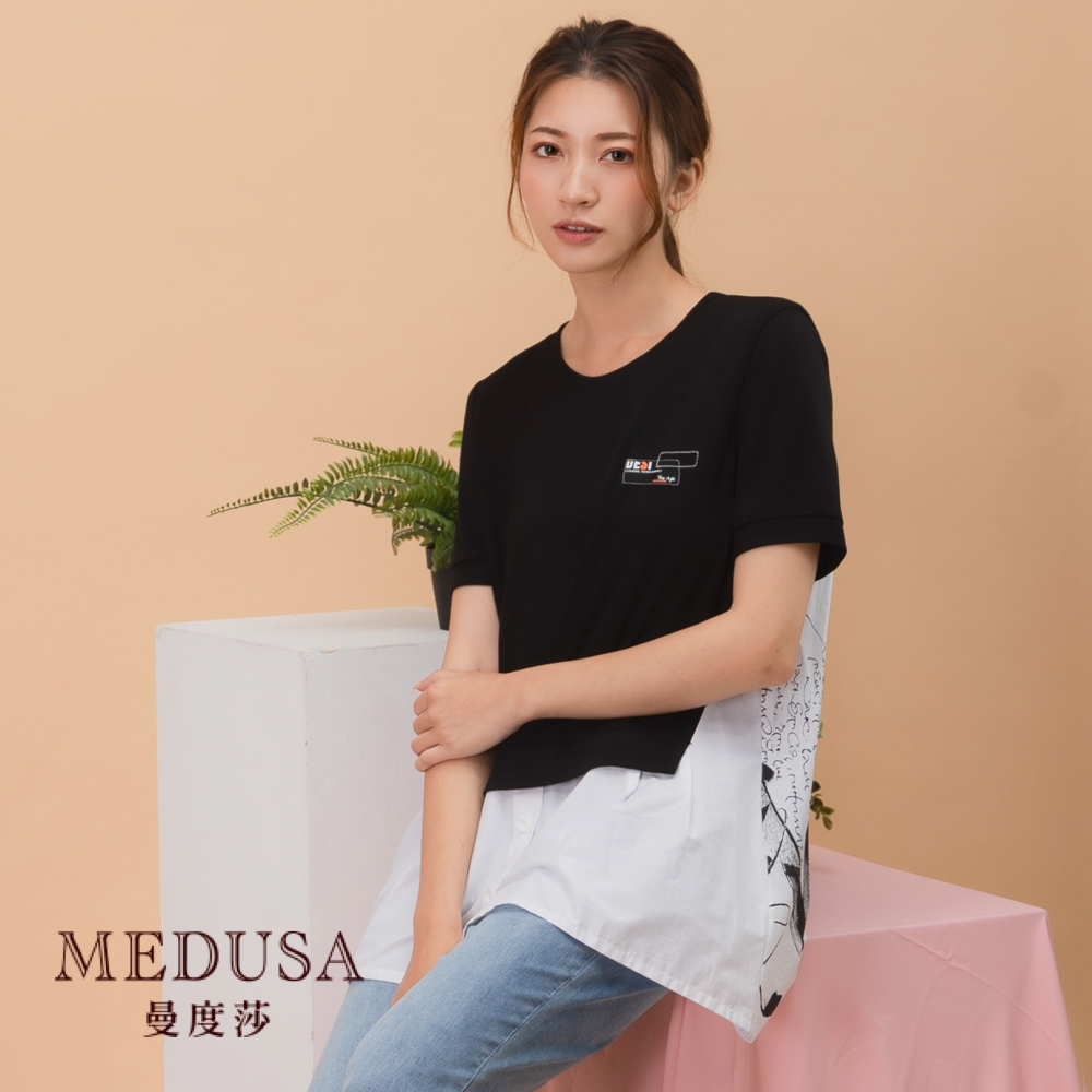 【MEDUSA 曼度莎】假兩件式印花傘襬襯衫（M-2L）｜女裝 上衣 襯衫 加大碼