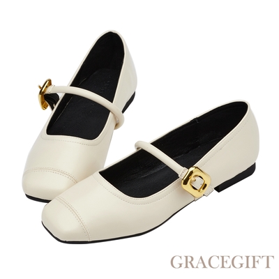 【Grace Gift】復古一字方釦輕量平底瑪莉珍鞋 米白