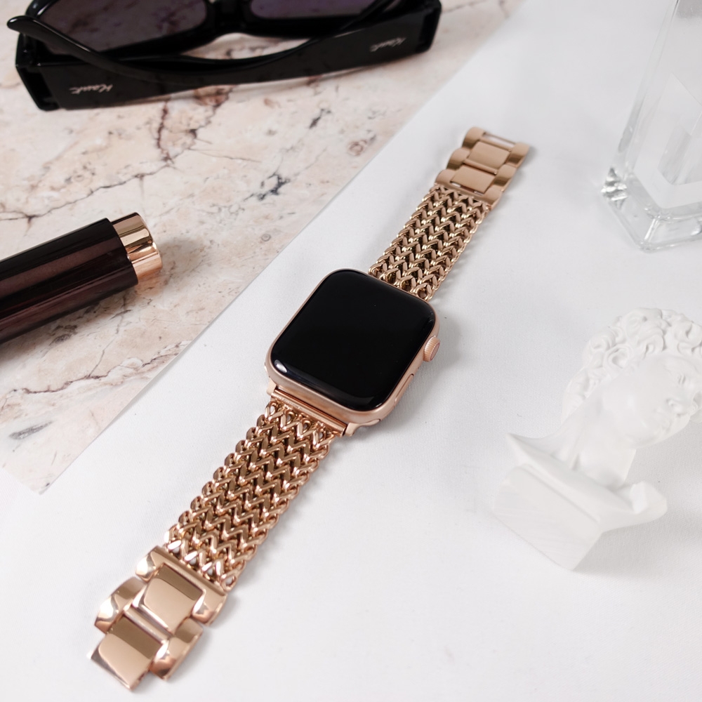 Apple Watch 全系列通用錶帶 蘋果手錶替用錶帶 立體心字 折疊扣不鏽鋼錶帶 玫瑰金色