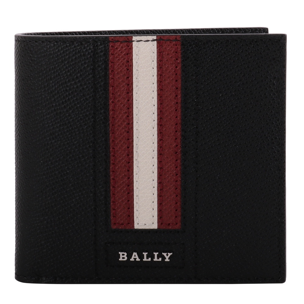 BALLY- 紅白槓防刮皮革對開8短夾 (黑色)