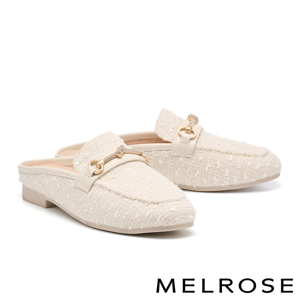 穆勒鞋 MELROSE 美樂斯 高雅品味晶鑽一字釦毛呢布穆勒低跟拖鞋－米白