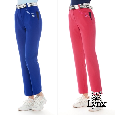 【Lynx Golf】女款日本進口布料彈性舒適LOGO鬆緊帶設計口袋配布剪接造型窄管長褲(二色)