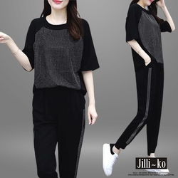JILLI-KO 兩件套大碼寬鬆格紋拼接休閒套裝- 黑色