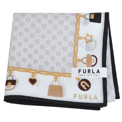 FURLA 經典鍊飾包包圖騰品牌字母LOGO圖騰帕領巾(黑色滾邊)