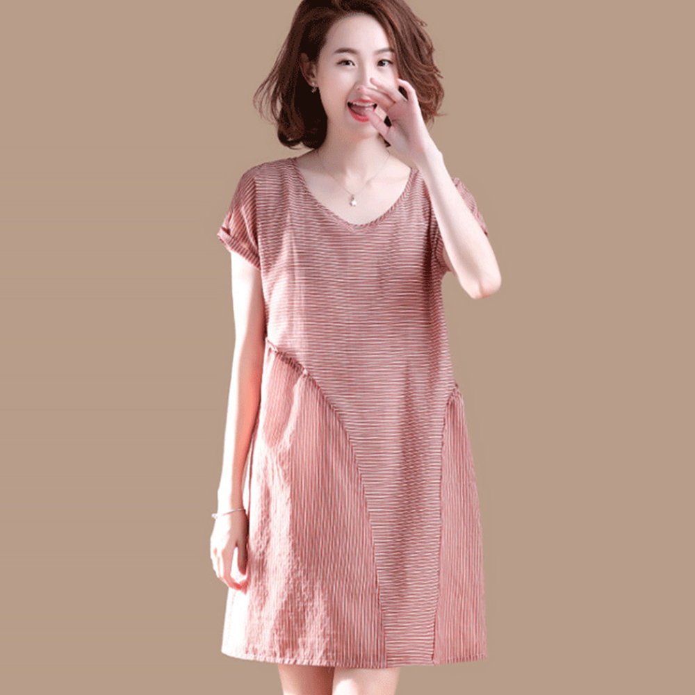 初色  拼接條紋連衣裙-紅條紋-(M-2XL可選)