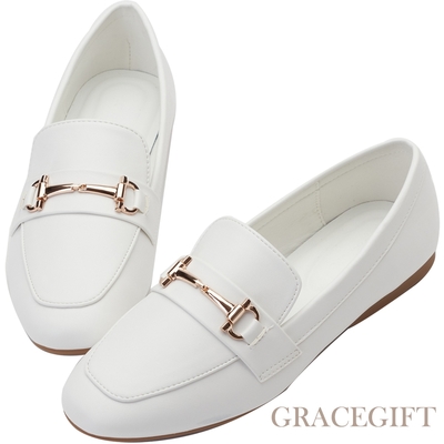 【Grace Gift】極簡馬銜扣平底樂福鞋 白