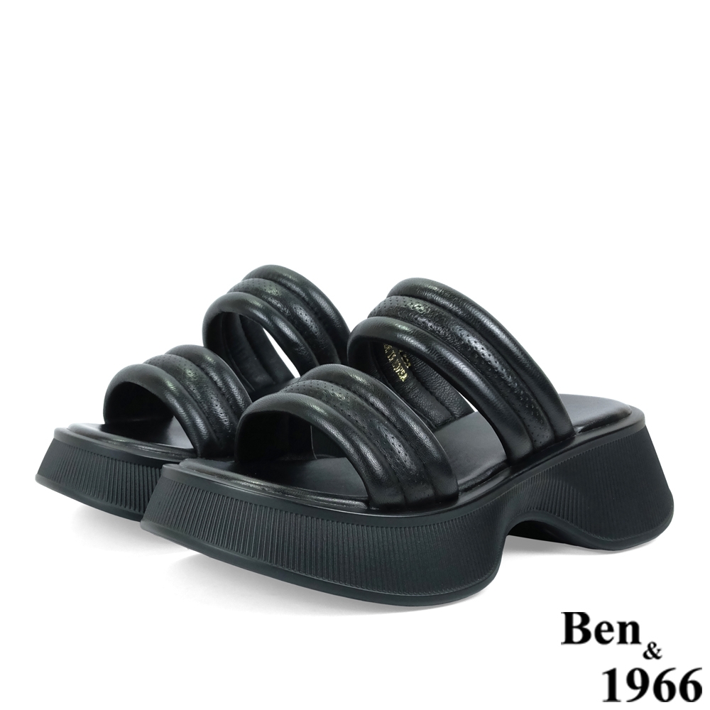 Ben&1966高級羊皮時尚澎感雙寬帶厚底拖鞋-黑(236341)