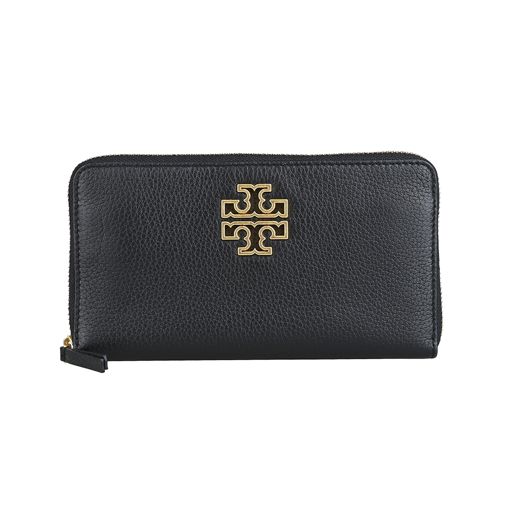 TORY BURCH Britten鏤空雙T字LOGO質感小牛皮10卡拉鍊長夾(黑)