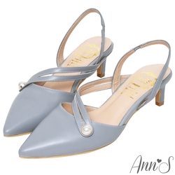 Ann’S法式珍珠-顯瘦曲線綿羊皮拉帶尖頭跟鞋-藍(版型偏大)