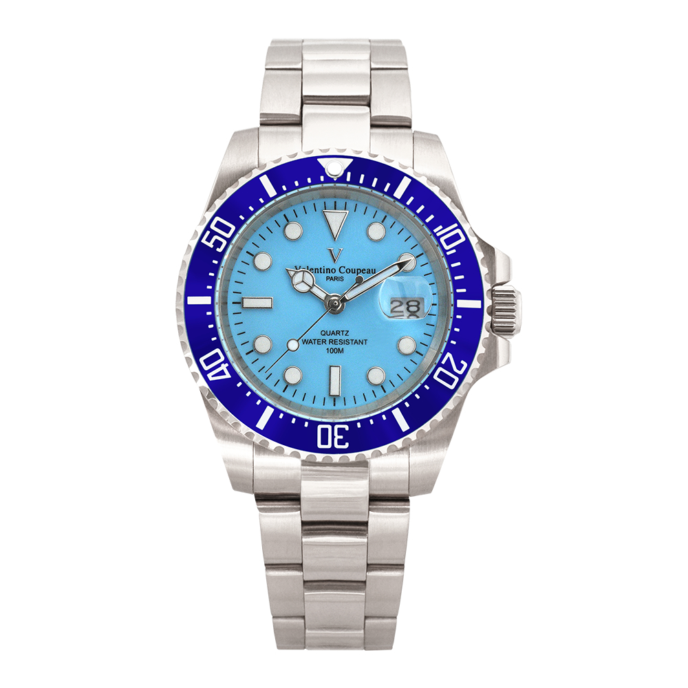 Valentino Coupeau 范倫鐵諾 古柏 芙蓉藍陶瓷藍水鬼腕錶 (銀色/藍面/鋼帶)