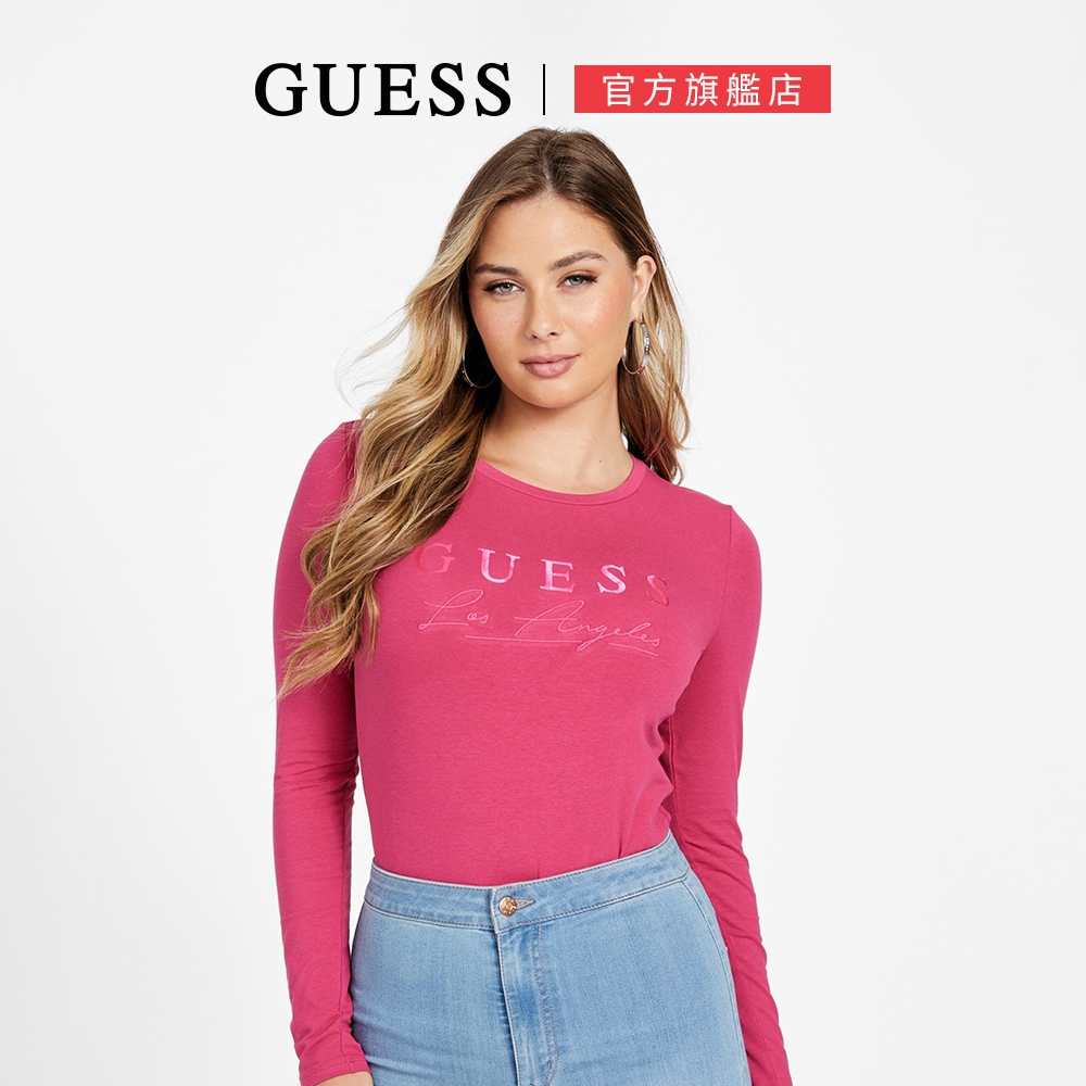 【GUESS】簡約素色LOGO長袖上衣-兩色可選