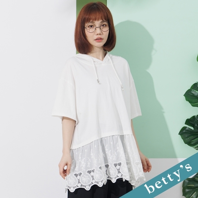 betty’s貝蒂思 下擺拼接蕾絲連帽長版上衣(白色)