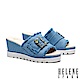拖鞋 HELENE SPARK 復古率性花朵晶鑽方飾釦抽鬚牛仔布楔型高跟拖鞋－淺藍 product thumbnail 1