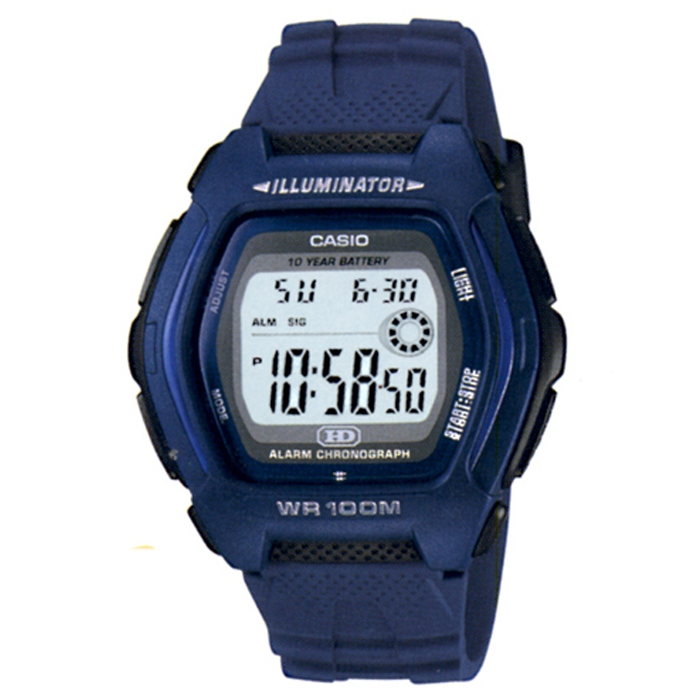 CASIO 帥氣酒桶兩地時間運動電子錶(HDD-600C-2A)-藍/44.1mm