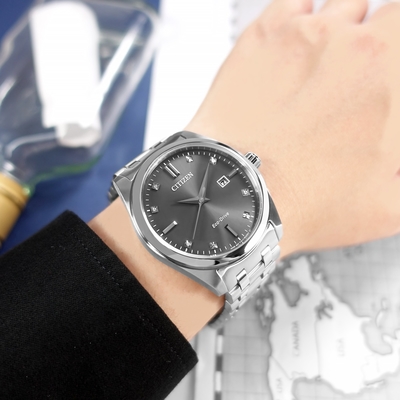 CITIZEN / 光動能 藍寶石水晶玻璃 日期 防水100米 不鏽鋼手錶-灰色/41mm
