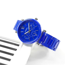 FOSSIL / 限量版 Carlie 優雅迷人 三眼三針 日本機芯 陶瓷手錶-寶藍色/38mm