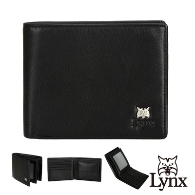 【Lynx】美國山貓NAPA進口牛皮左右活頁短夾 8卡/零錢袋/透明窗 皮夾錢包-黑色