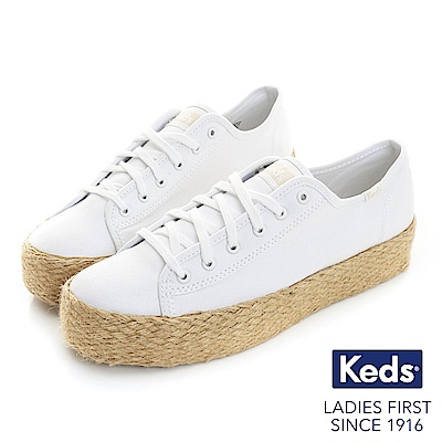 Keds TRIPLE KICK 夏季草編綁帶帆布鞋-白