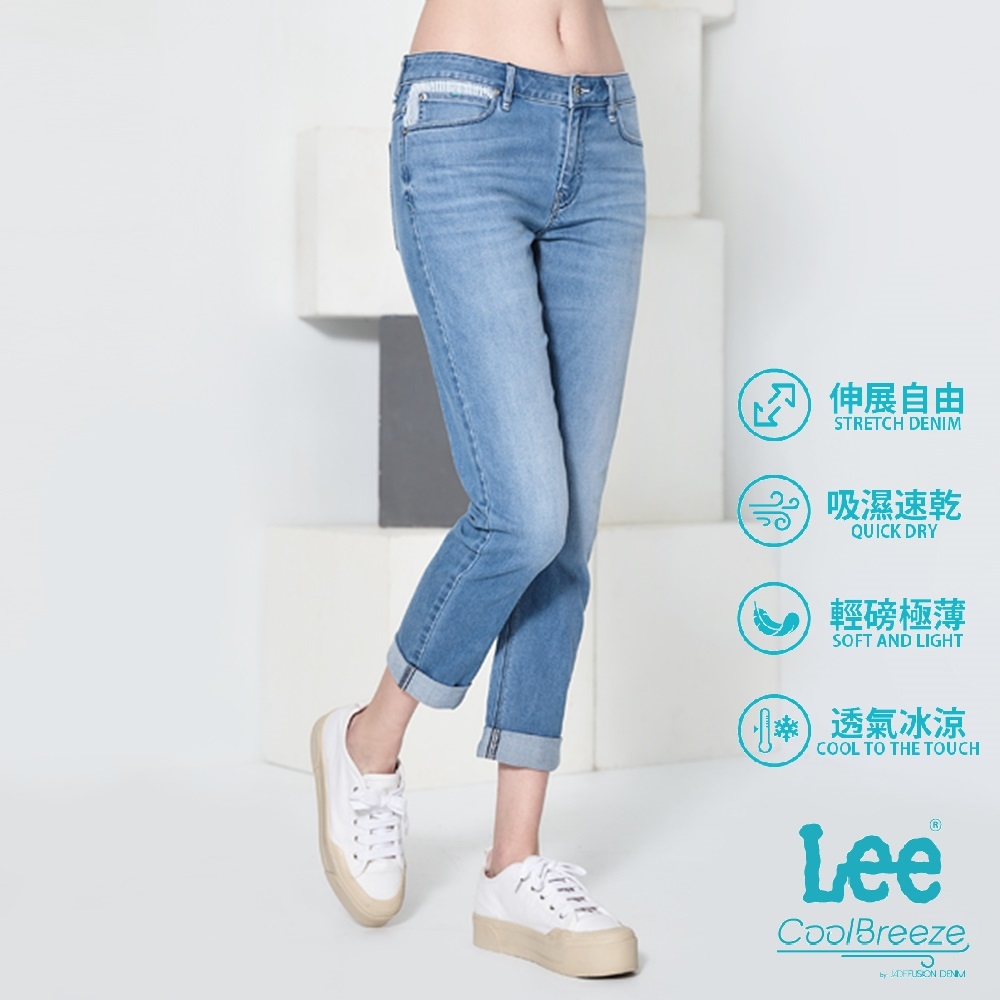 Lee 女款 涼感 401 中腰修身小直筒牛仔褲 中藍洗水