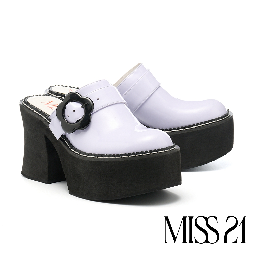穆勒鞋 MISS 21 精緻萌感花花飾釦大頭高跟厚底穆勒拖鞋－紫