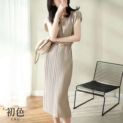 初色 V領清涼感純色褶皺垂感短袖寬鬆顯瘦連身裙中長裙洋裝-共3色-70124(M-2XL可選)