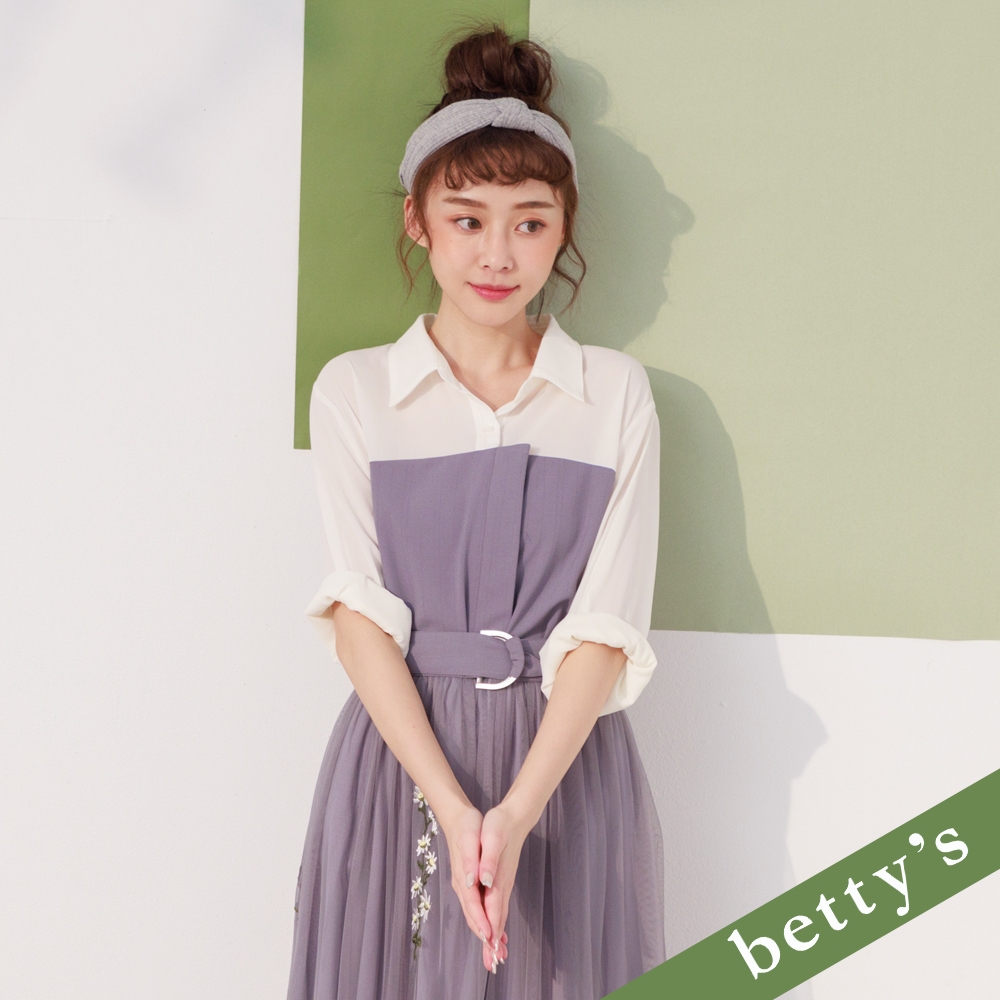 betty’s貝蒂思　拼接布腰帶雪紡襯衫(灰色)