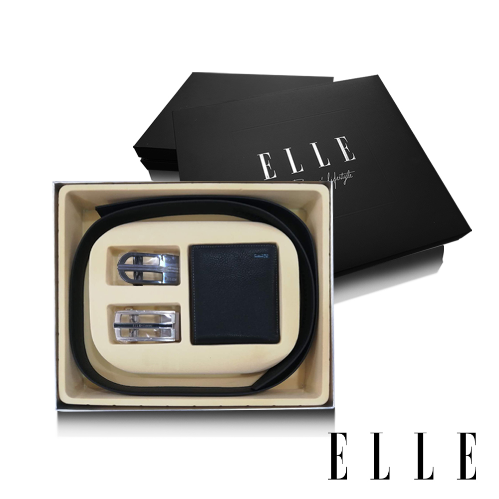 ELLE HOMME 男爵系列-真皮皮夾+雙皮帶頭禮盒-三件組A9002