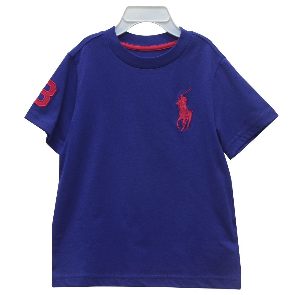 Ralph Lauren 童裝刺繡數字3經典大馬素面短袖t恤-深藍色