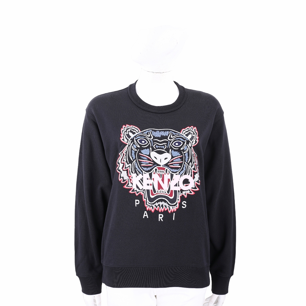 KENZO Tiger 虎頭刺繡微刷毛裡黑色長袖運動衫 大學T(女款)