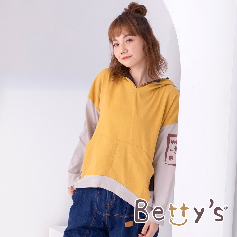 betty’s貝蒂思　拼布格紋連帽長袖T-shirt(鉻黃色)