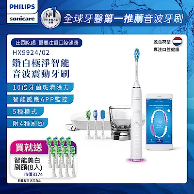 【Philips 飛利浦】鑽石靚白智能音波震動牙刷/電動牙刷HX9924/02(晶鑽白)