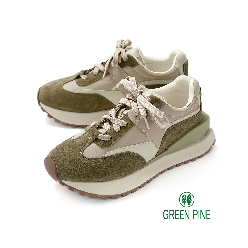 GREEN PINE異材拼接綁帶厚底鋸齒休閒鞋綠色(00348399)