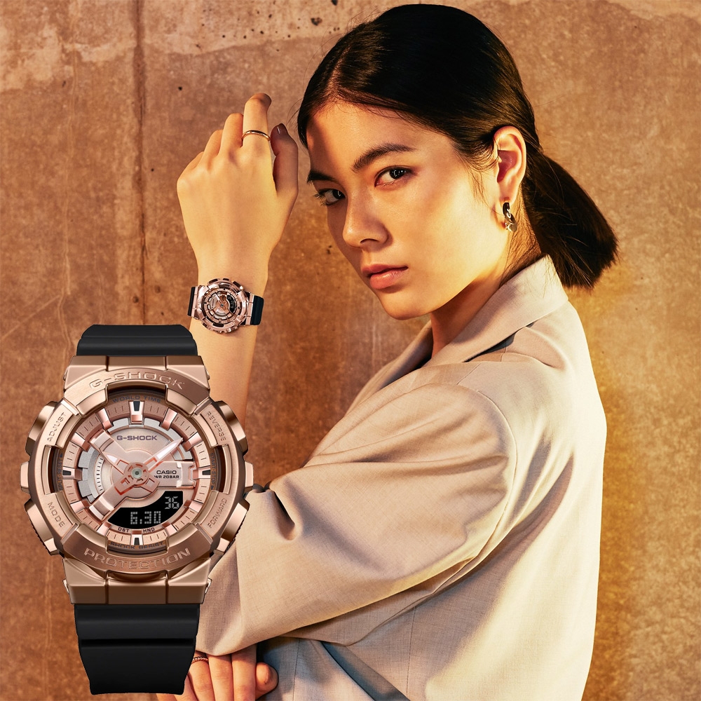 CASIO 卡西歐 G-SHOCK x ITZY Lia配戴款 金屬色雙顯電子錶 送禮推薦-玫瑰金 GM-S110PG-1A