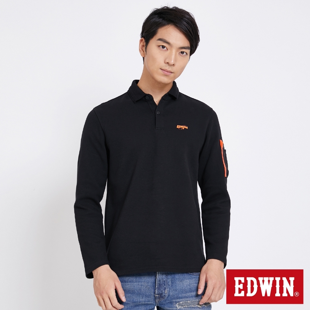 EDWIN 太空袖口袋 長袖POLO衫-男-黑色