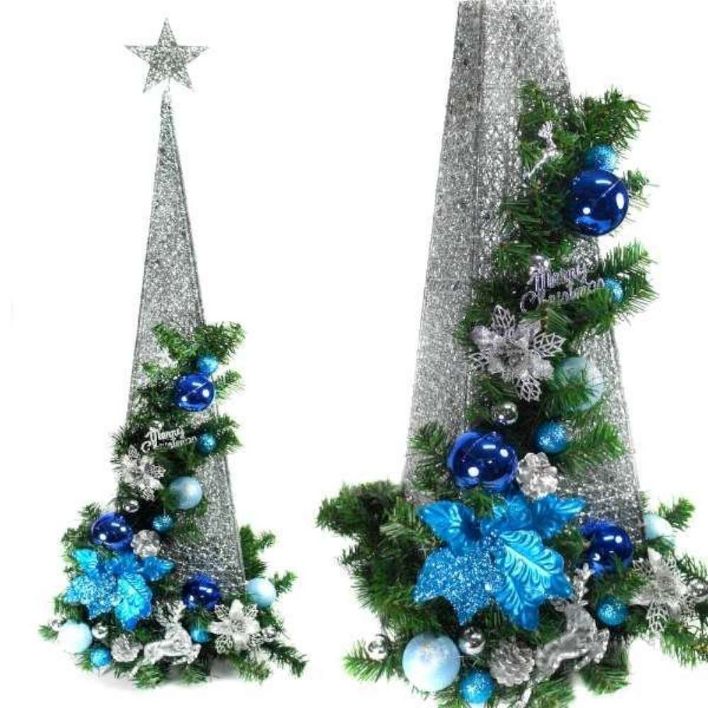 摩達客 90CM銀藍色系聖誕裝飾四角樹塔（不含燈）