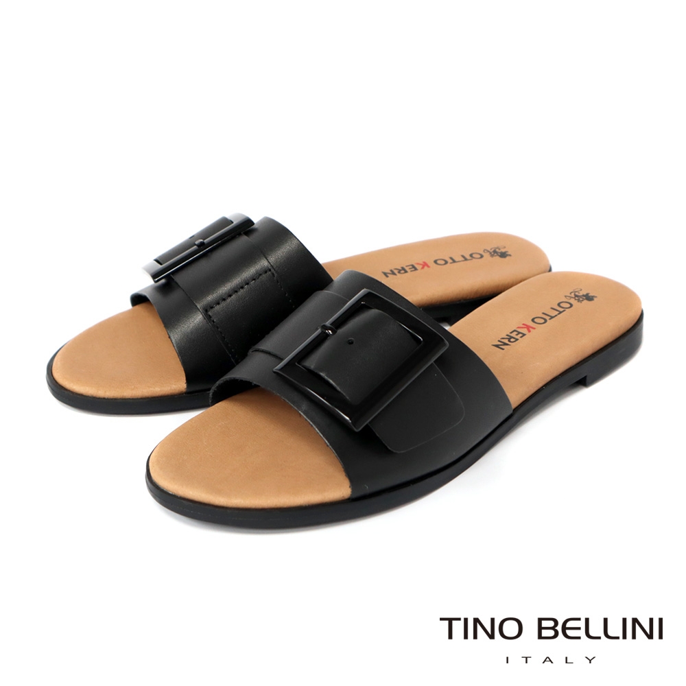 Tino Bellini 簡約金屬方釦寬帶平底涼拖鞋-黑