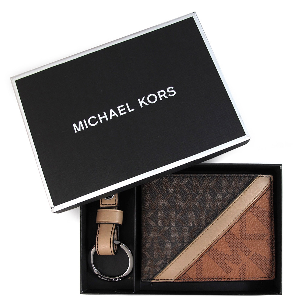 MICHAEL KORS Cooper 咖啡色皮革條飾對開式短夾+皮革鎖圈(禮盒組)