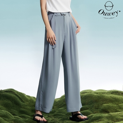 OUWEY歐薇 時尚釦環腰帶打摺西裝寬褲(淺藍色；S-L)3232396707