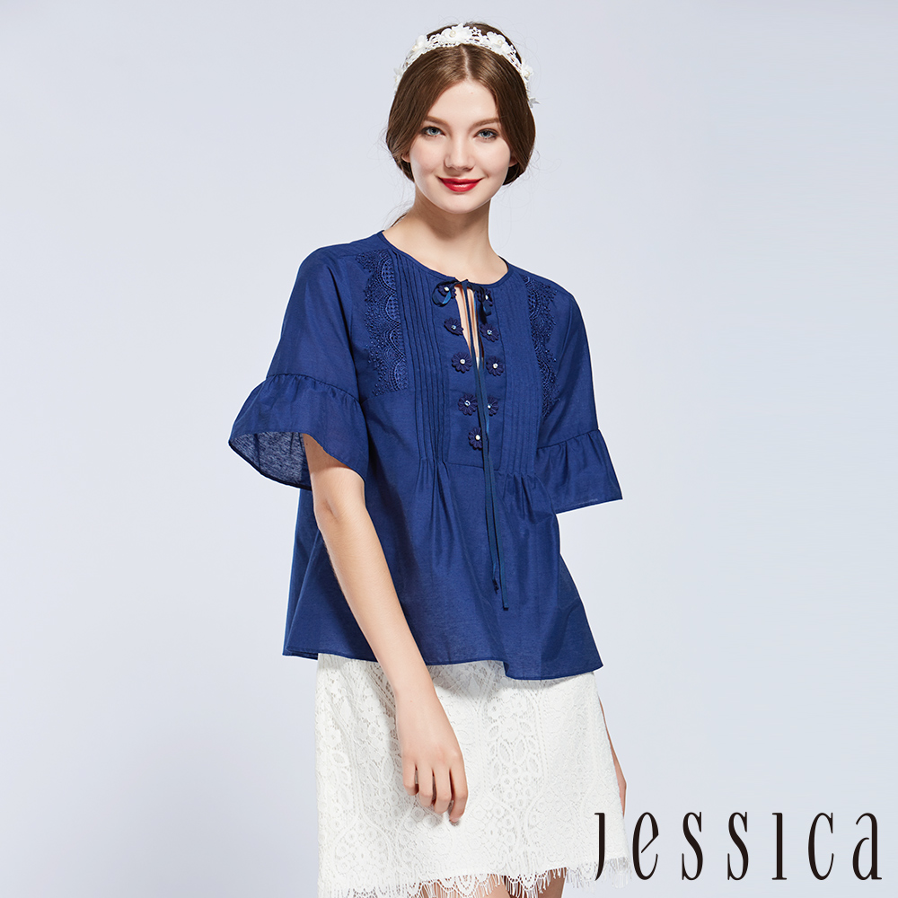 JESSICA - 前褶花卉綁帶上衣（藍）